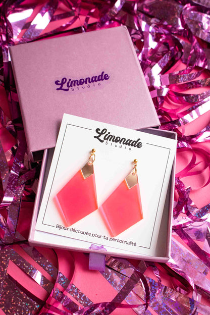 Boucles d'oreilles losange rose fluo et miroir argenté, clou acier plaqué or 18 carats