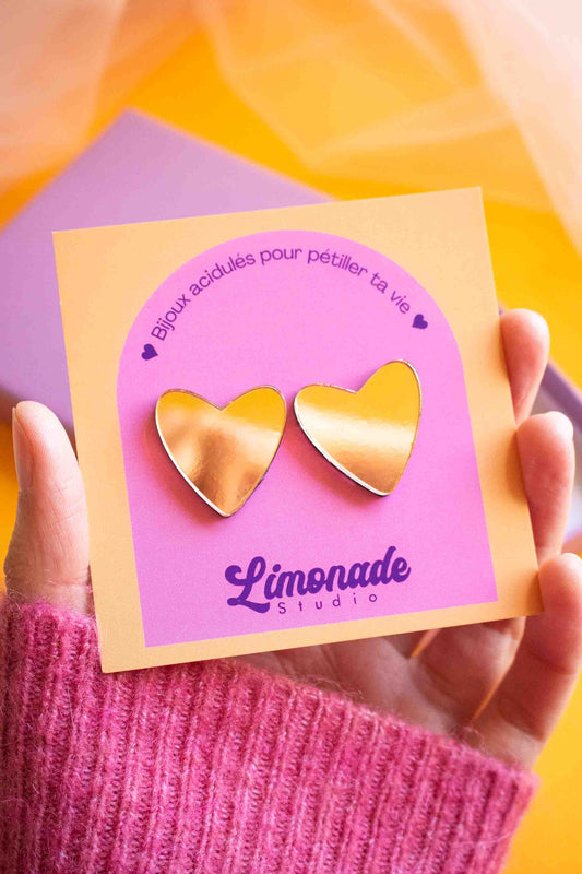 boucles d'oreille cœur rose gold acrylique sur cartonnette, Limonade Studio