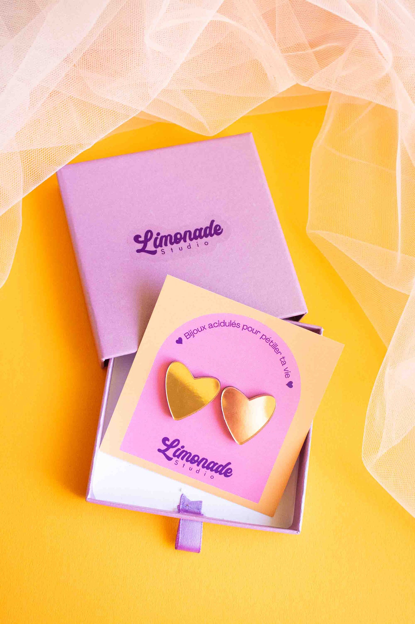 boucles d'oreille cœur rose gold miroir dans leur boîte, Limonade Studio