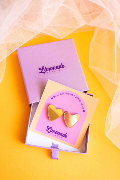 boucles d'oreille cœur rose gold miroir dans leur boîte, Limonade Studio