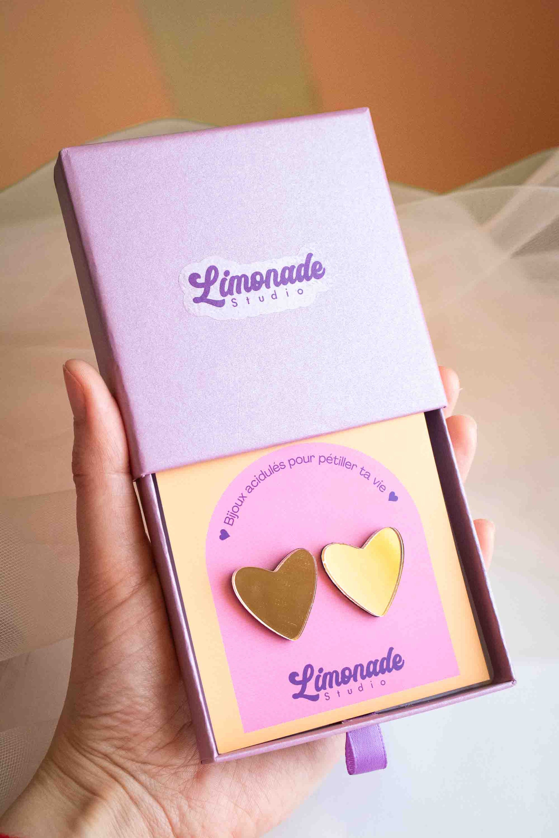 boucles d'oreille cœur rose gold miroir dans leur boîte, Limonade Studio