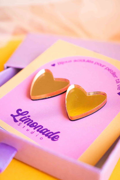 gros plan boucles d'oreille cœur acrylique rose gold miroir, Limonade Studio